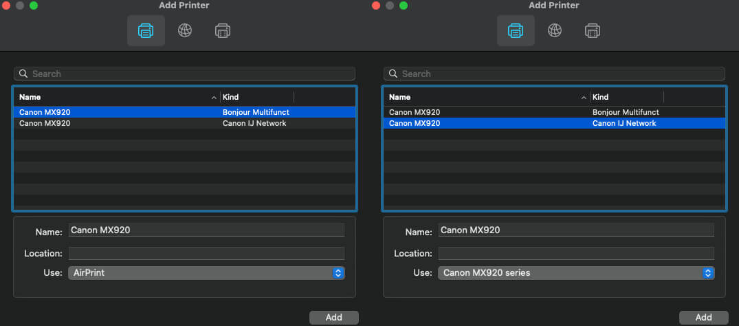 Add Printer Apple System Settings Dialog