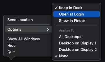 Example of the Dock Context Menu to disable 'Open at Login'