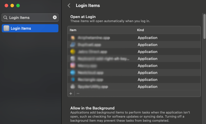 Example of the Login Items Page in System Settings