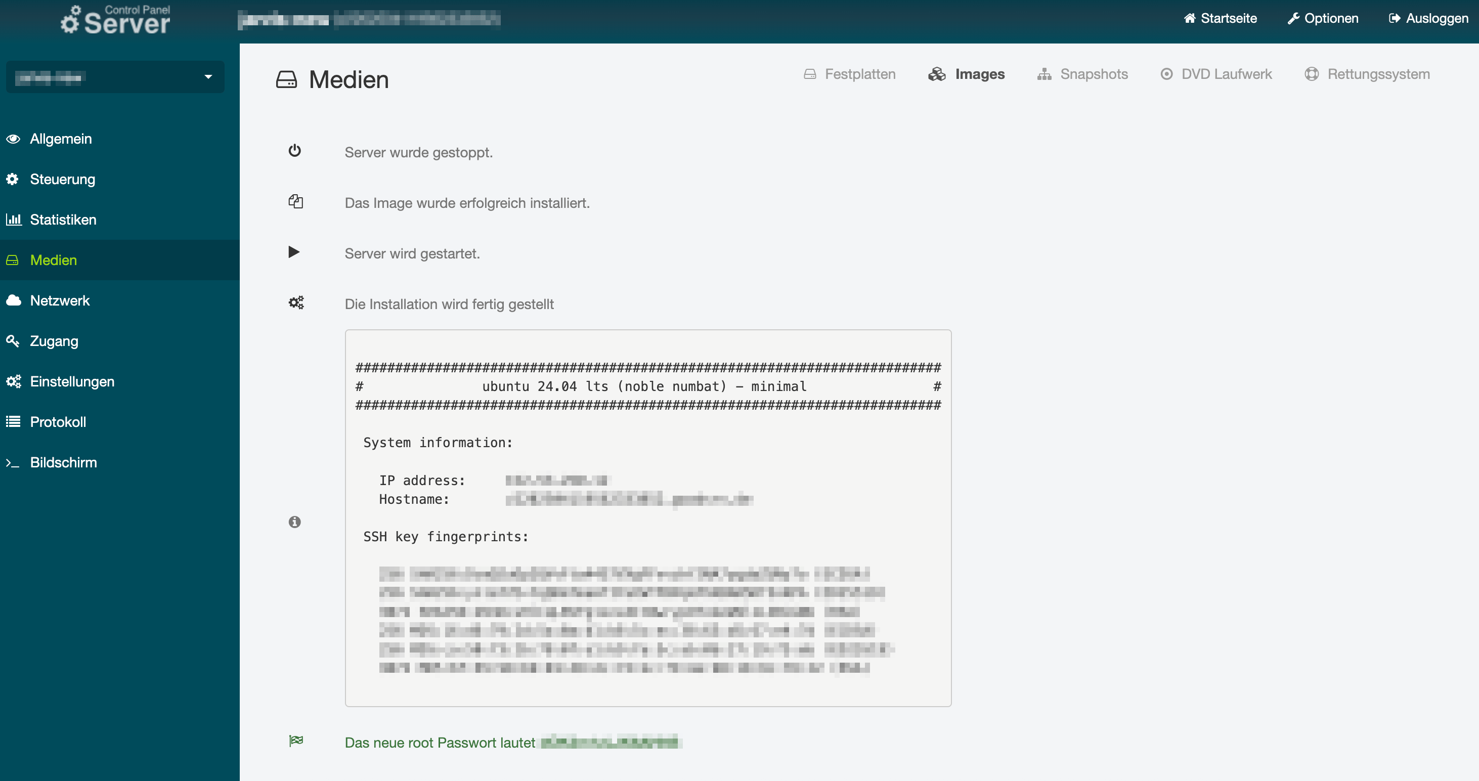 Screenshot des letzten Schrittes des netcup Neuinstallations Wizard