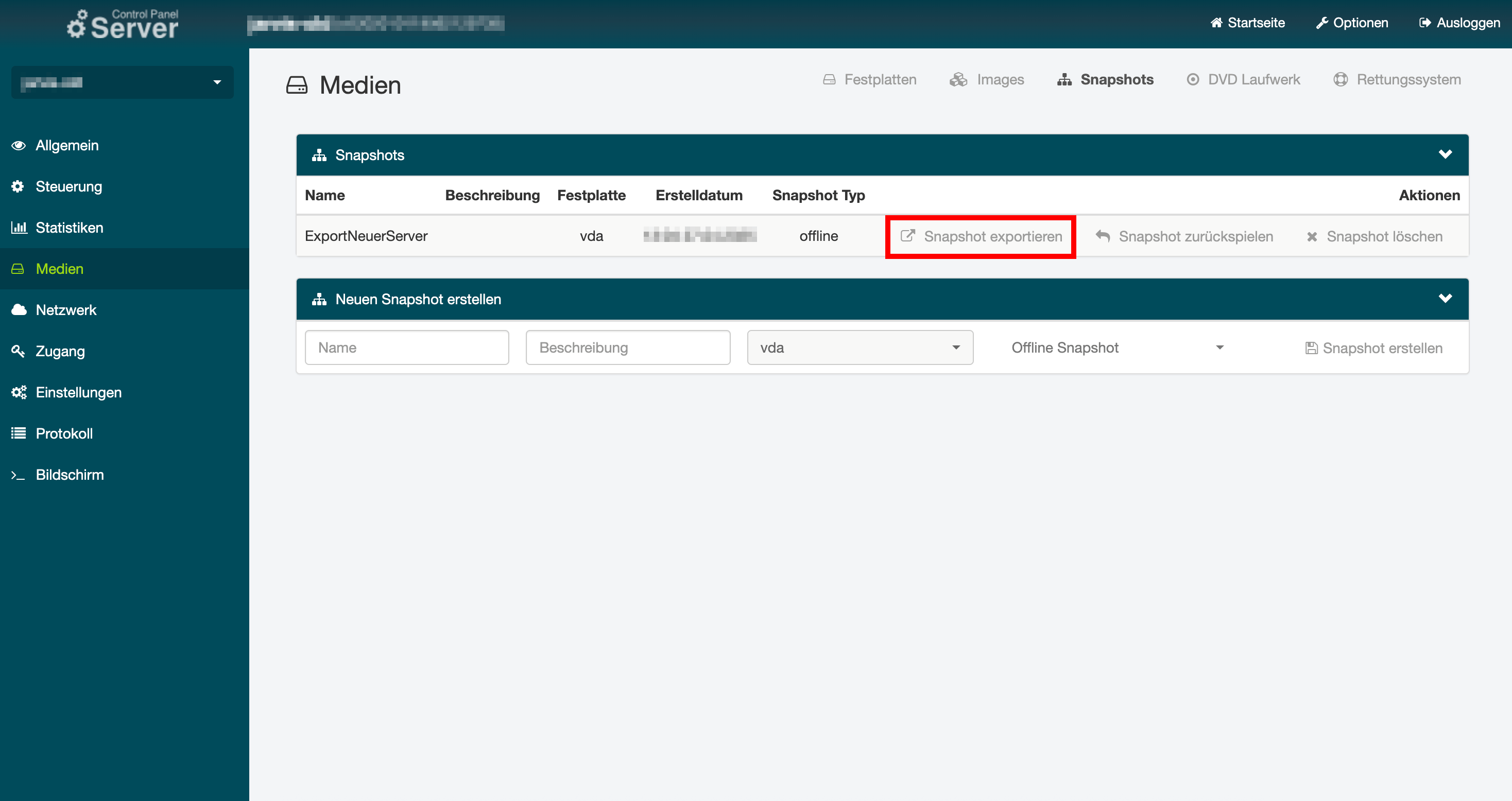 Screenshot der die Menüoption "Snapshot exportieren" im Bereich "Medien" zeigt