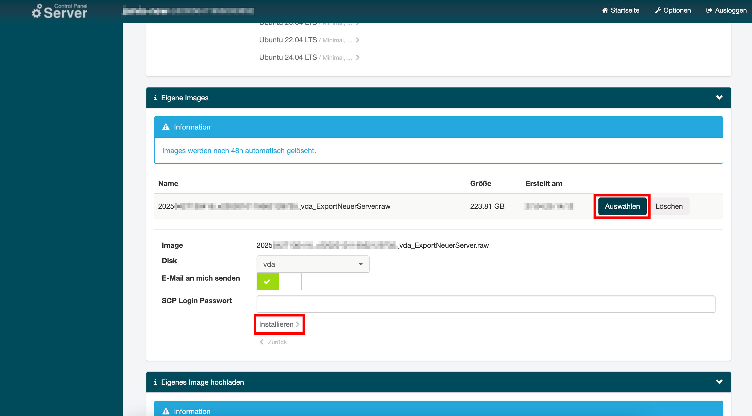Screenshot der den beschriebenen Import des Snapshots zeigt
